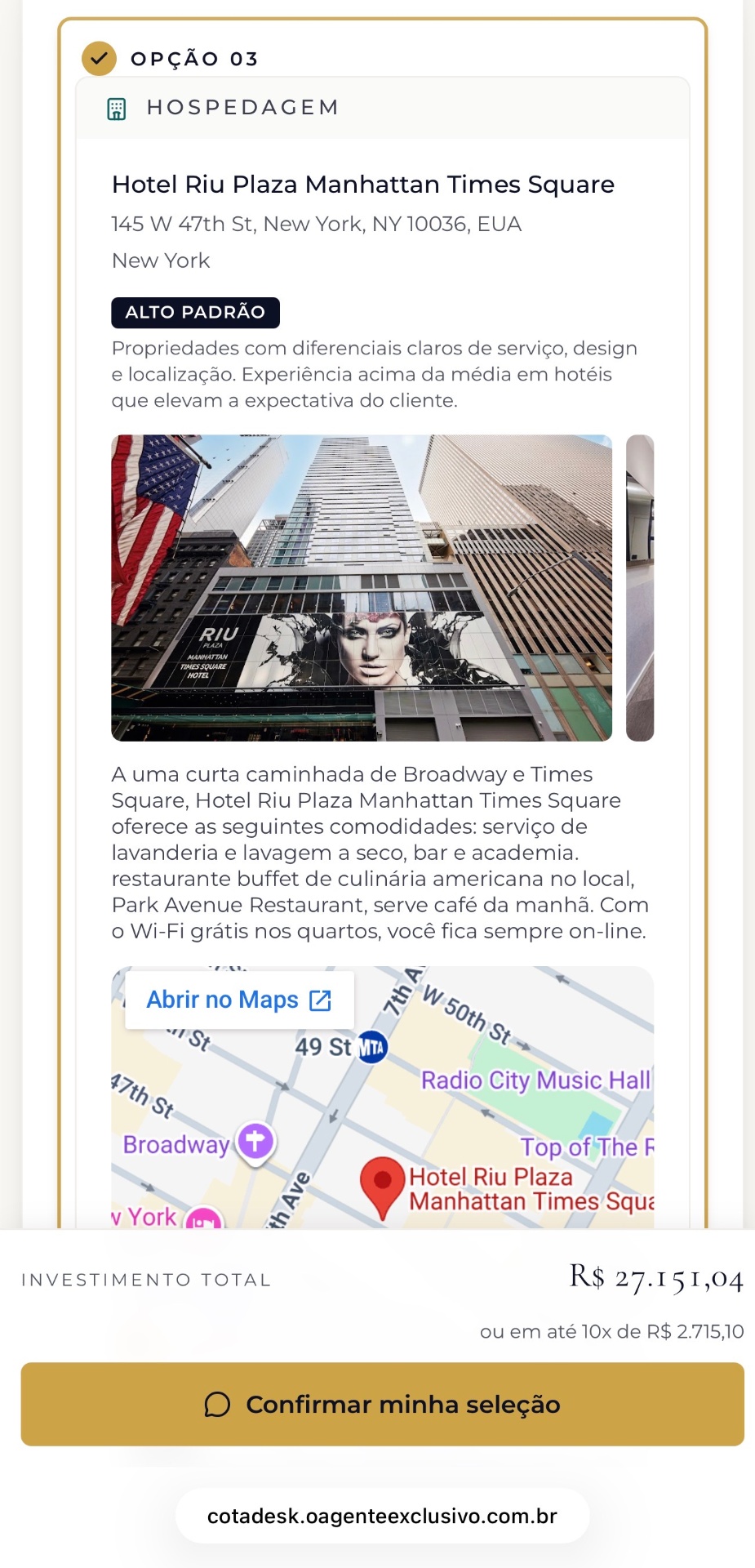 Cotação pública no celular com hotel, mapa e botão de confirmação